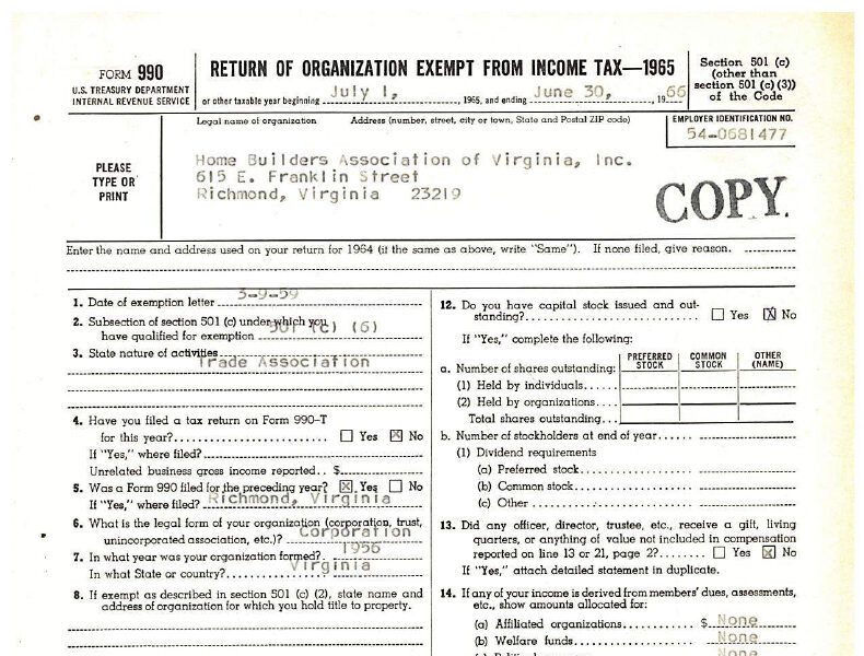 Scanned copy of the Home Builders Association of Virginia 1965 IRS Form 990.