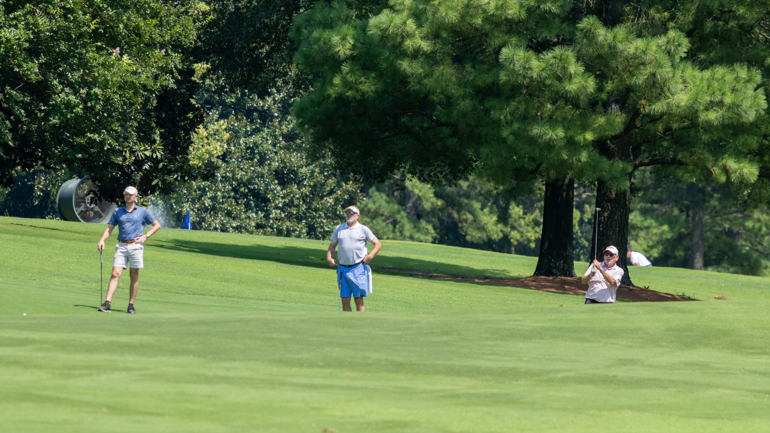 Three men on a lush green golf course with trees and others in the distance.