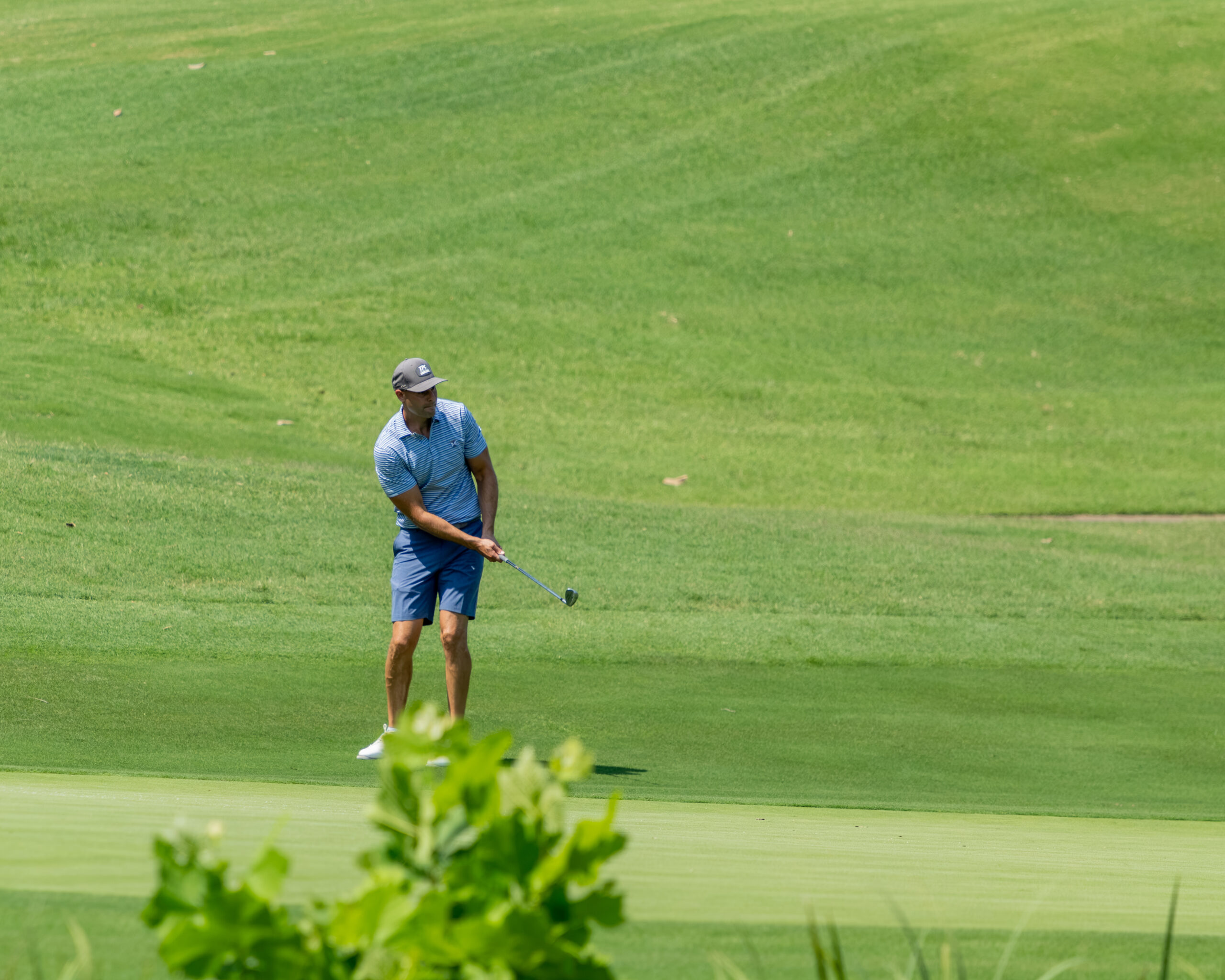 A male golfer in blue attire stands on a green and prepares to hit a golf ball.