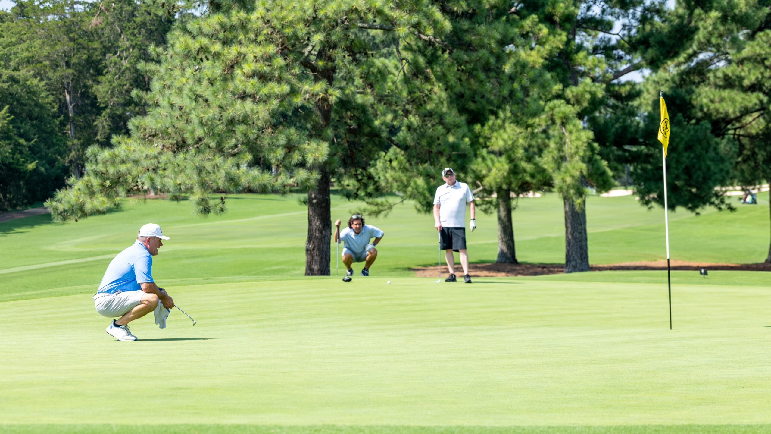Three men on a green golf course with a flag and tall trees.