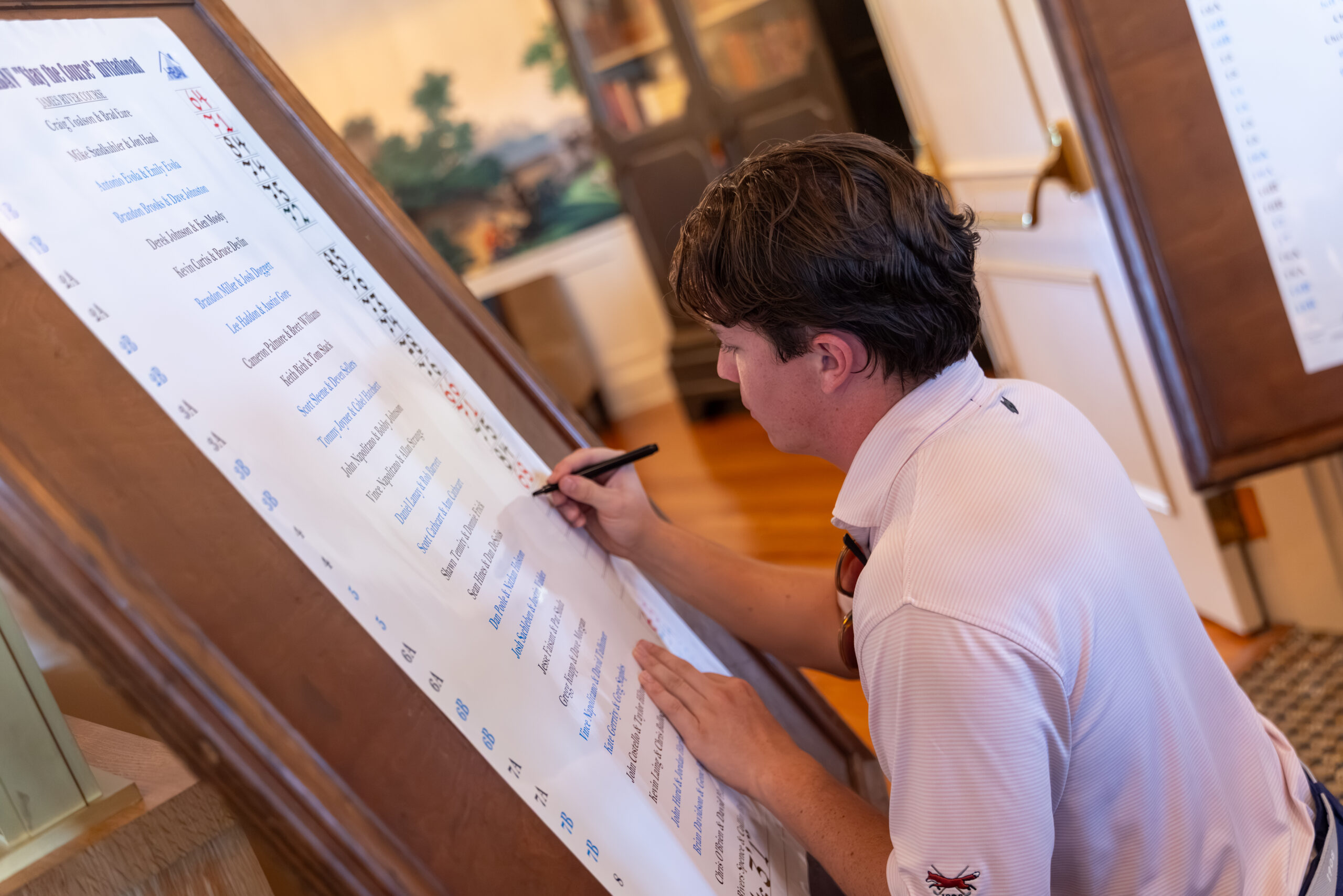 CCVA Golf Pro tallying scores onto a large leaderboard for a golf tournament.
