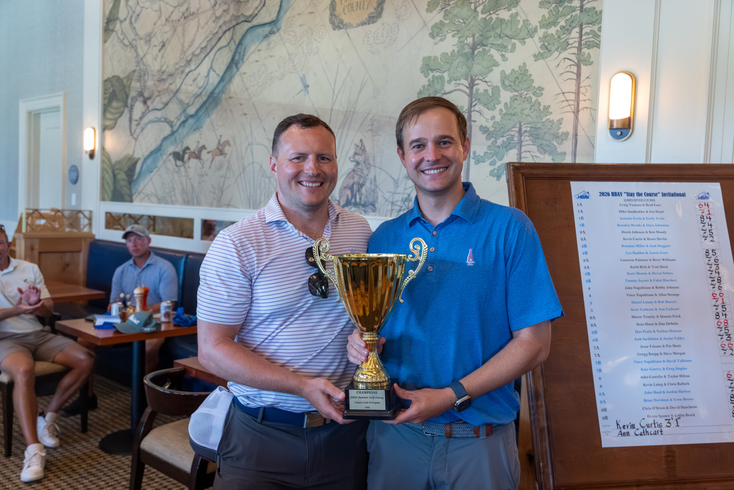 Two men holding a gold trophy cup while smiling and posing for a photo in a decorated room.
