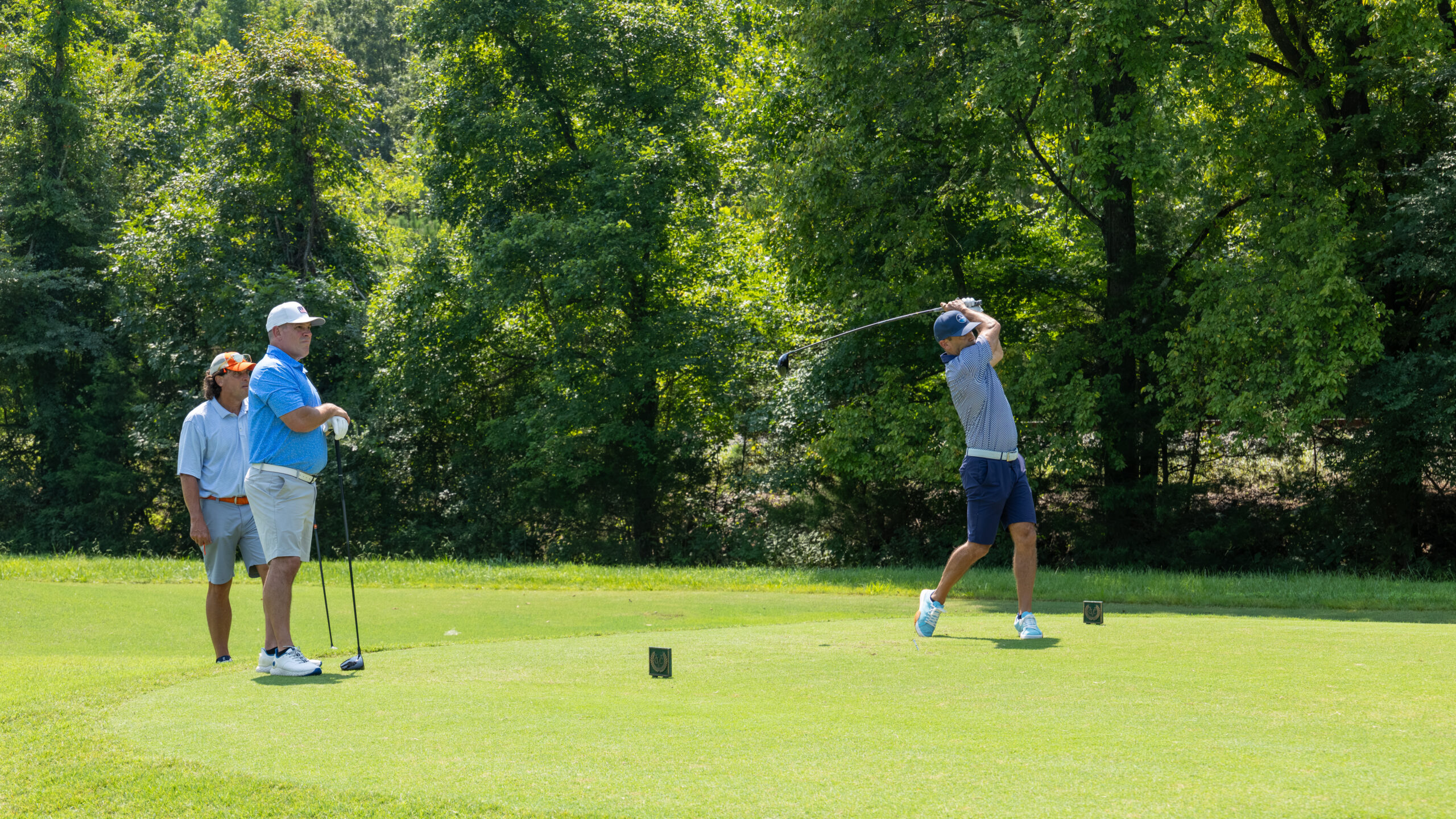 Two men golfing on a green field with trees in the background.